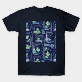 Glowing in the moss // pattern // blue background jars with lightning fireflies bugs quirky whimsical and bioluminescence lampyridae beetles T-Shirt